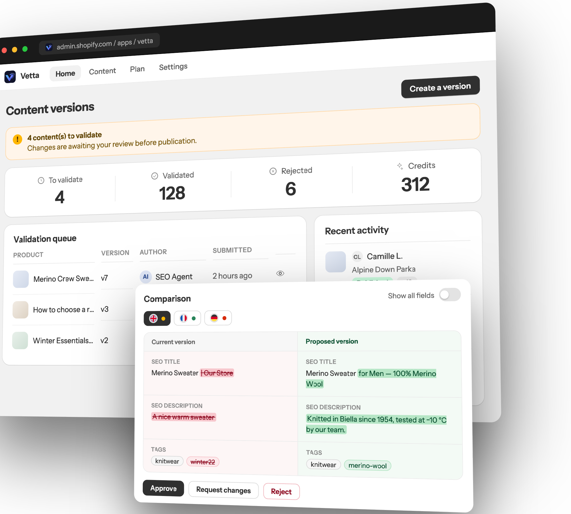 Vetta content versions dashboard with a field-by-field comparison between the live and proposed version