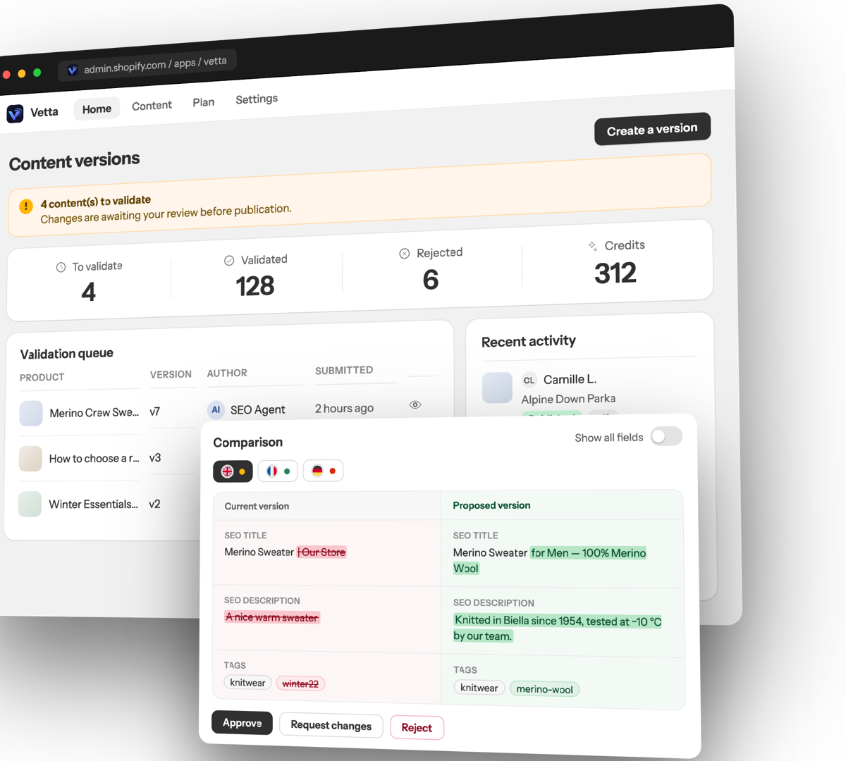 Vetta content versions dashboard with a field-by-field comparison between the live and proposed version